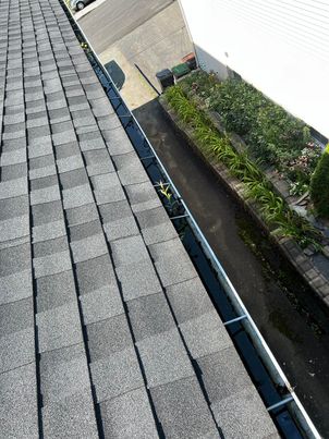 Aiguilles de conifères accumulées dans une gouttière avant nettoyage à Saint-Bruno-de-Montarville